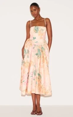 Prettylittlething Pink Abstract Floral Ruched Bust Corset Strappy Midaxi Dress