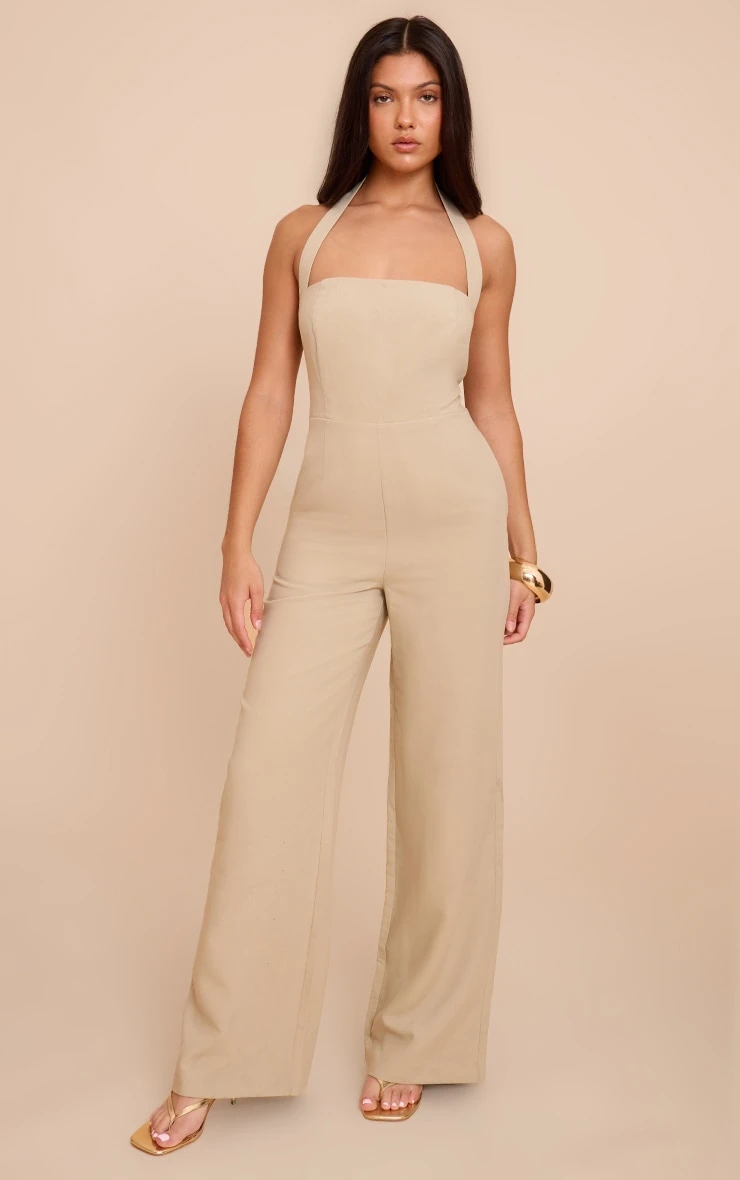 Prettylittlething Sage Premium Woven Halterneck Straight Leg Jumpsuit 3 Prettylittlething Sage Premium Woven Halterneck Straight Leg Jumpsuit - Image 3
