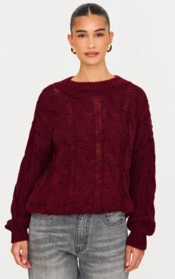 Prettylittlething Burgundy Marl Knit Distressed Detail Chunky Cable Sweater -Pretty Little Thing Shop ac25d06c78073b5087351f9a2ba986e5d320007a cnl5048 3