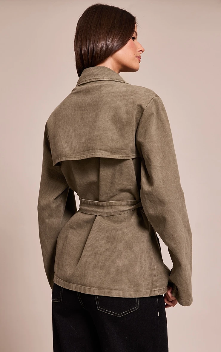 Prettylittlething Olive Belted Cropped Denim Trench 2 Prettylittlething Olive Belted Cropped Denim Trench - Image 2
