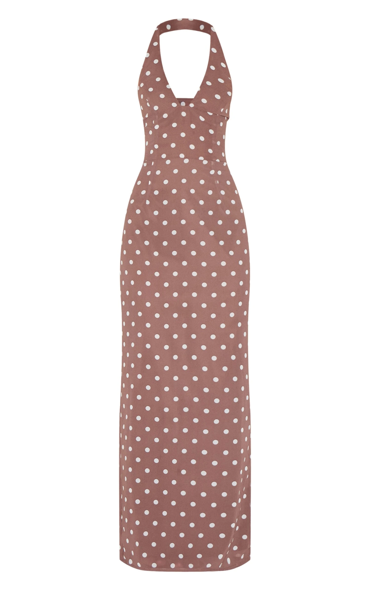 Prettylittlething Chocolate Chiffon Polka Dot Printed Plunge Neck Maxi Dress - Image 5