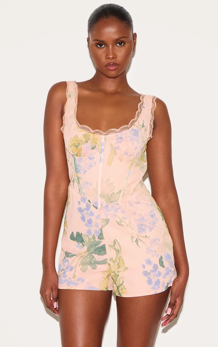 Prettylittlething Pink Floral Printed Chiffon Corset Detail Romper 1 Prettylittlething Pink Floral Printed Chiffon Corset Detail Romper