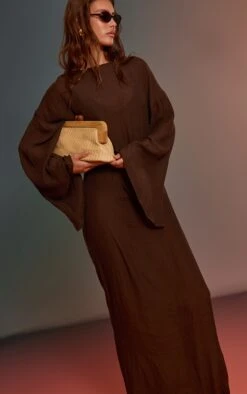 Prettylittlething Espresso Linen Look Flute Sleeve Beach Maxi Dress