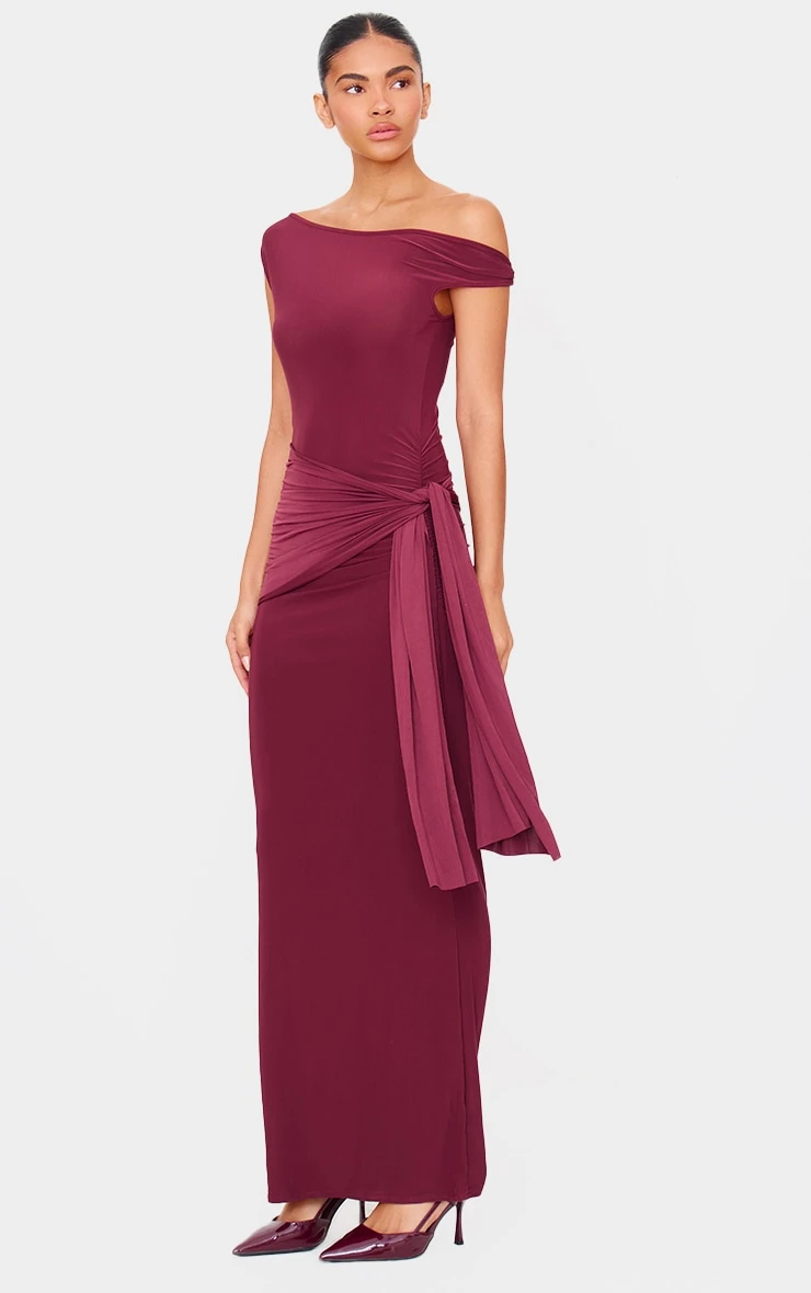 Prettylittlething Burgundy Slinky Off Shoulder Wrap Detail Maxi Dress 3 Prettylittlething Burgundy Slinky Off Shoulder Wrap Detail Maxi Dress - Image 3