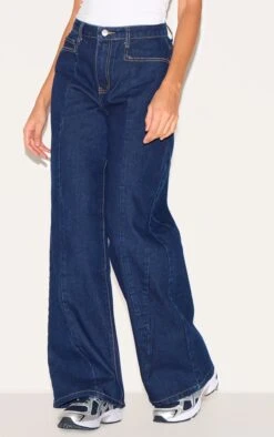 Prettylittlething Dark Indigo Seam Detail Wide Leg Jeans