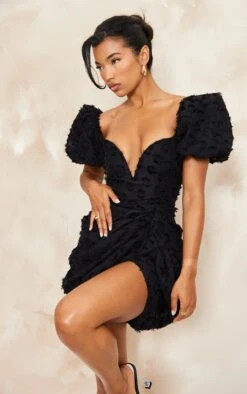 Prettylittlething Black Textured Underwired Plunge Drape Bodycon Dress