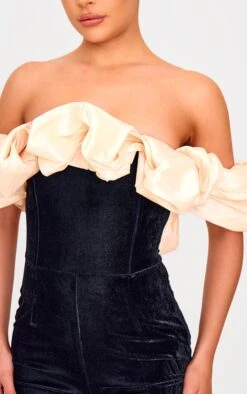 Prettylittlething Black Contrast Bardot Puff Sleeve Velvet Romper -Pretty Little Thing Shop ad730c0bcefe3dab30b488ee46a69bfeba518aed cnk8179 4
