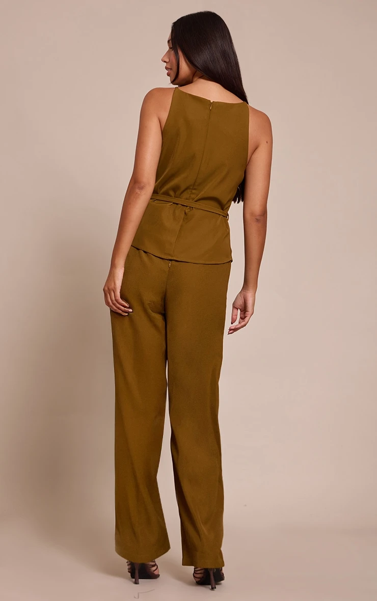 Prettylittlething Khaki Woven Belt Tied Straight Leg Jumpsuit 2 Prettylittlething Khaki Woven Belt Tied Straight Leg Jumpsuit - Image 2