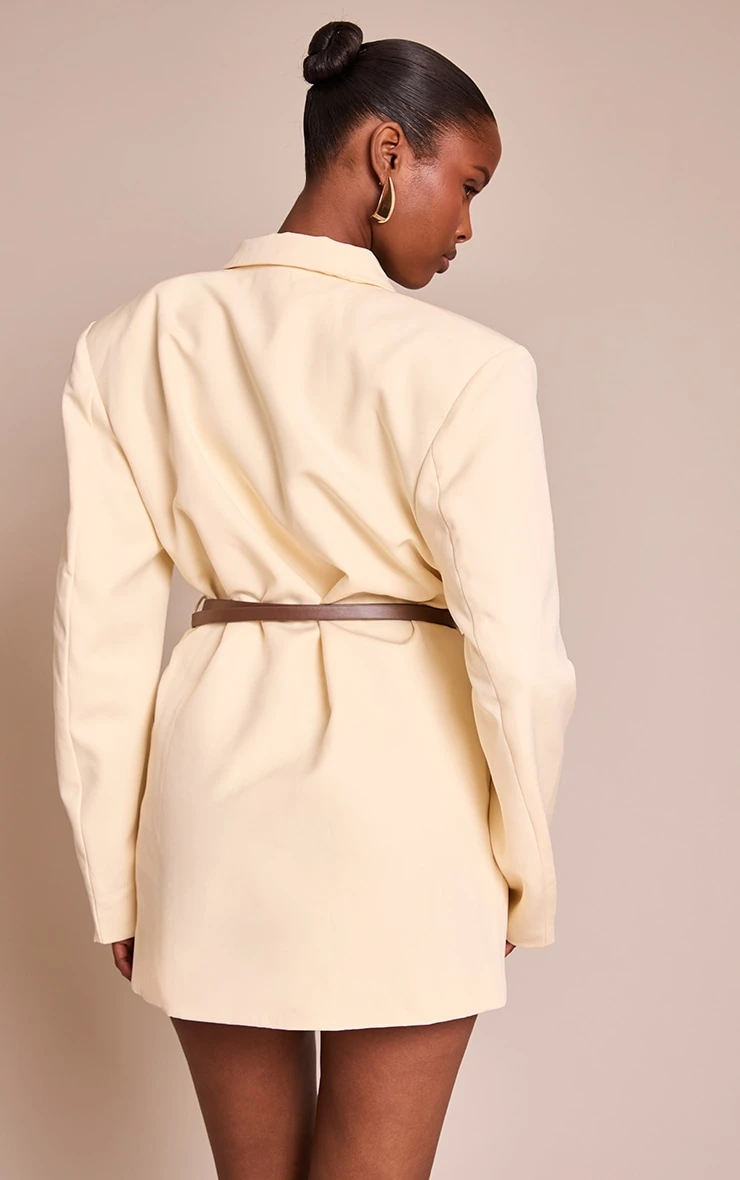 Cream Woven Belt Blazer Dress 2 Cream Woven Belt Blazer Dress - Image 2