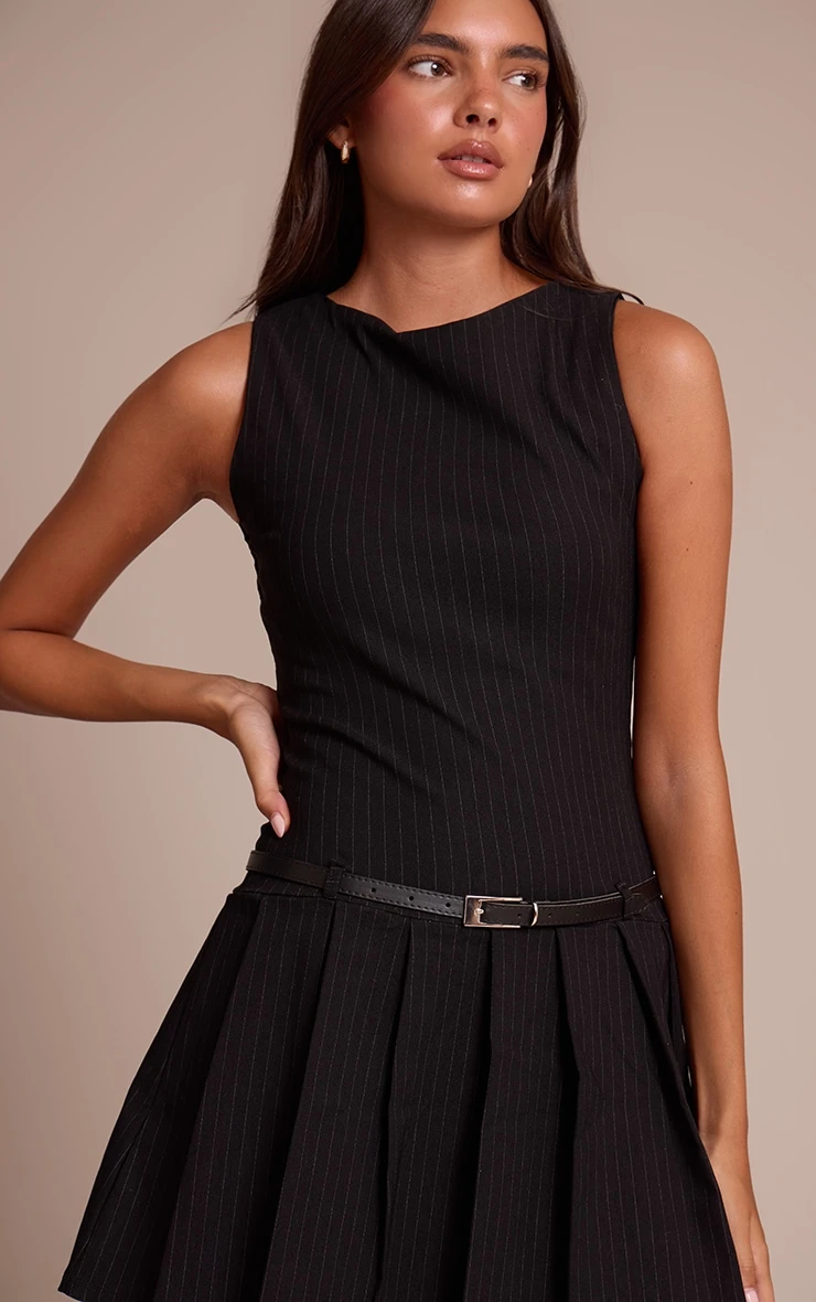 Black Pinstripe Stretch Woven Boat Neck Belted Shift Dress - Image 4