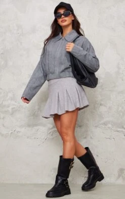 Prettylittlething Grey Marl Soft Knit Pleated Mini Skirt