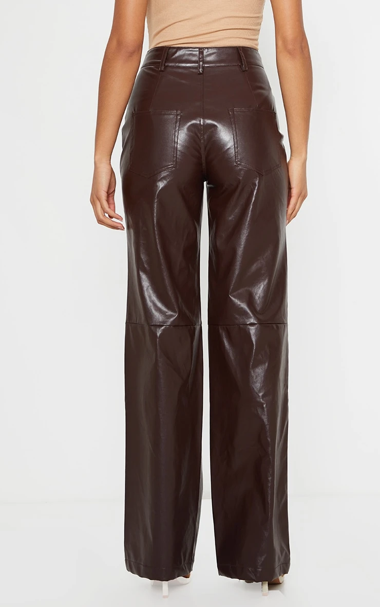 Chocolate Faux Leather Pleat Detail Wide Leg Pants 3 Chocolate Faux Leather Pleat Detail Wide Leg Pants - Image 3