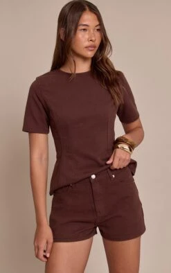 Prettylittlething Chocolate High Waist Denim Shorts