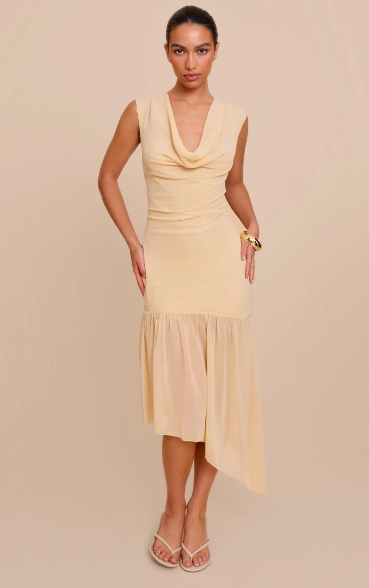 Prettylittlething Butter Cream Chiffon Drape Detail Asymmetric Midaxi Dress 1 Prettylittlething Butter Cream Chiffon Drape Detail Asymmetric Midaxi Dress