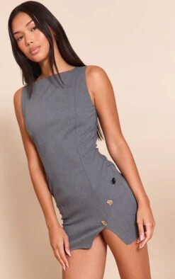 Prettylittlething Charcoal Stretch Woven Trim Detail Bodycon Dress
