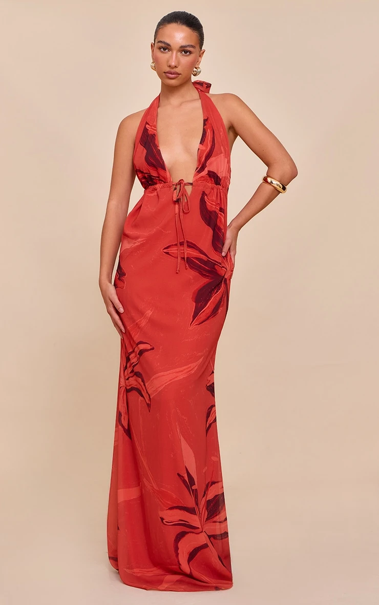 Prettylittlething Rust Printed Plunge Tie Detail Maxi Dress 1 Prettylittlething Rust Printed Plunge Tie Detail Maxi Dress