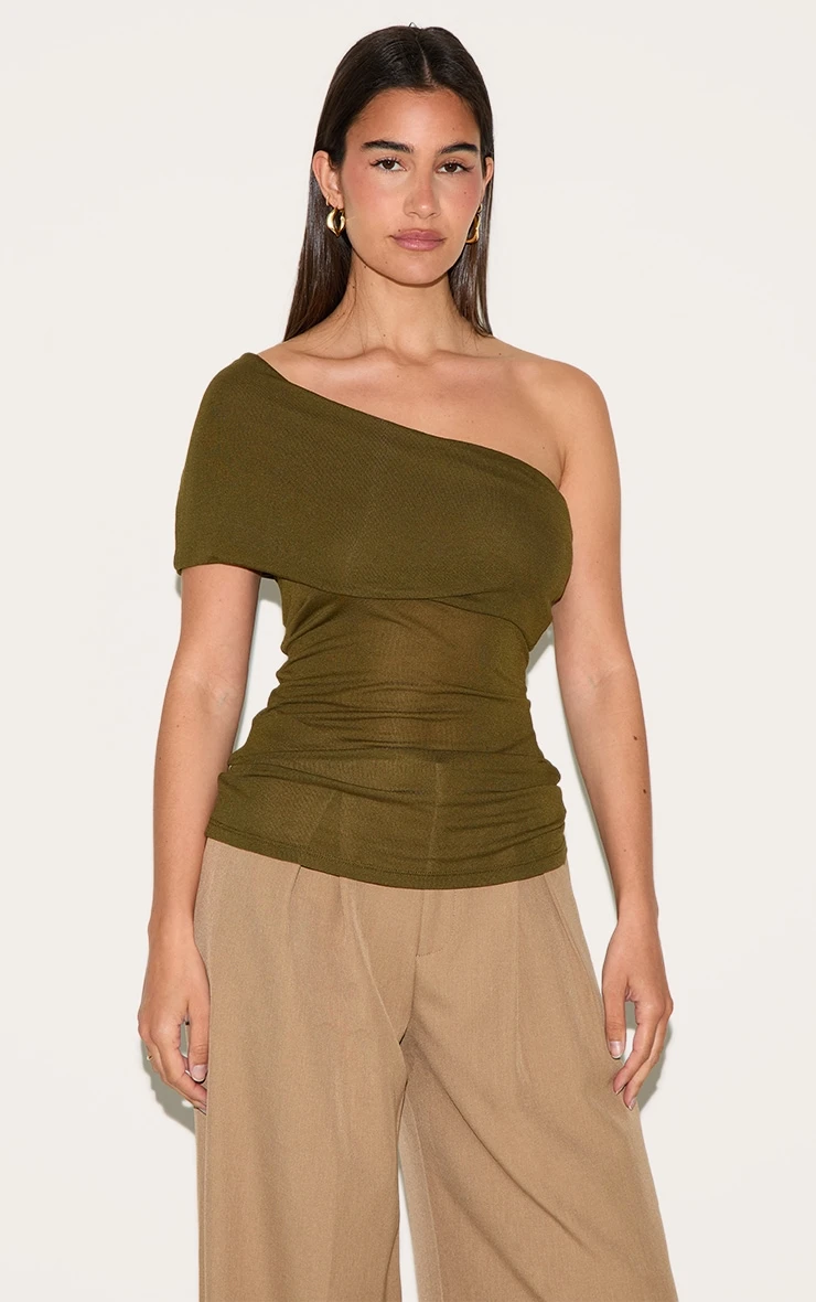 Prettylittlething Olive Sheer Soft Touch Fold Over Detail One Shoulder Long Top