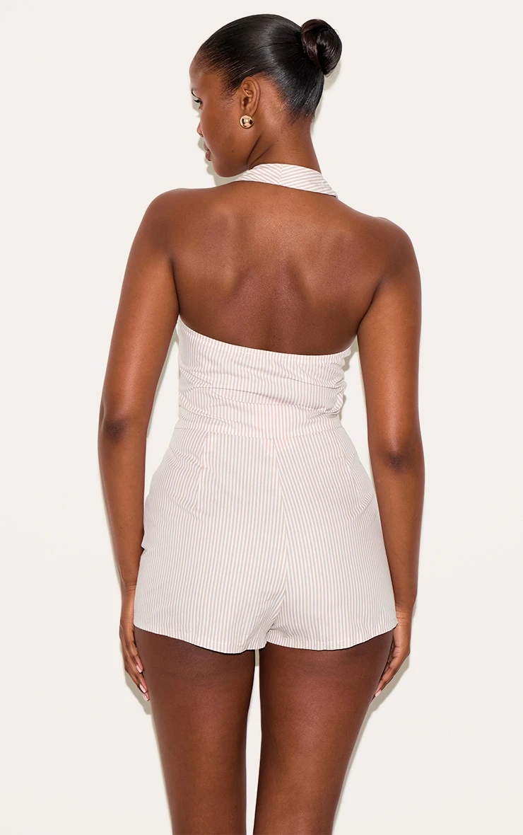 Prettylittlething Stone Pinstripe Halter Vest Tailored Romper 2 Prettylittlething Stone Pinstripe Halter Vest Tailored Romper - Image 2