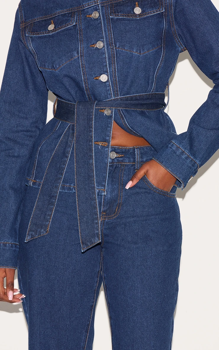 Prettylittlething Dark Blue Mid Waist Contrast Stitch Flared Jeans 4 Prettylittlething Dark Blue Mid Waist Contrast Stitch Flared Jeans - Image 4