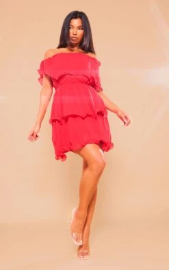 Prettylittlething Red Chiffon Bardot Ruffle Tiered Dress -Pretty Little Thing Shop b034230c5a3c6e4ddbab121ffdd50a64d71dcf5d cly2519 3