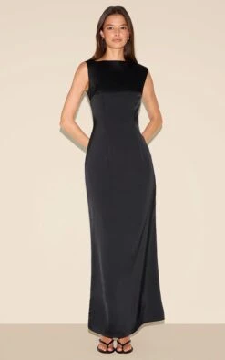 Prettylittlething Black Bridesmaid Satin Boat Neck Maxi Dress