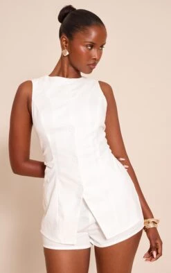 Prettylittlething White Tailored Woven Button Down Romper
