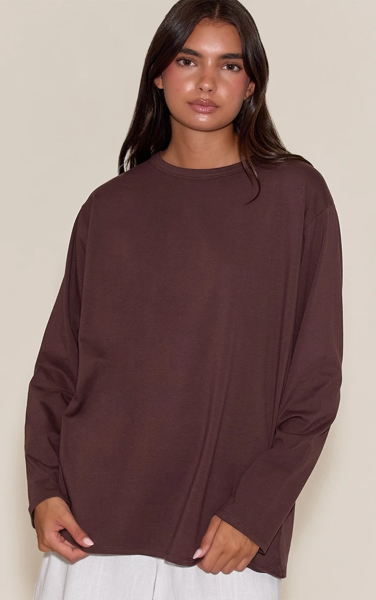 Prettylittlething Dark Chocolate Cotton Basic Oversized Long Sleeve T-shirt - Image 4