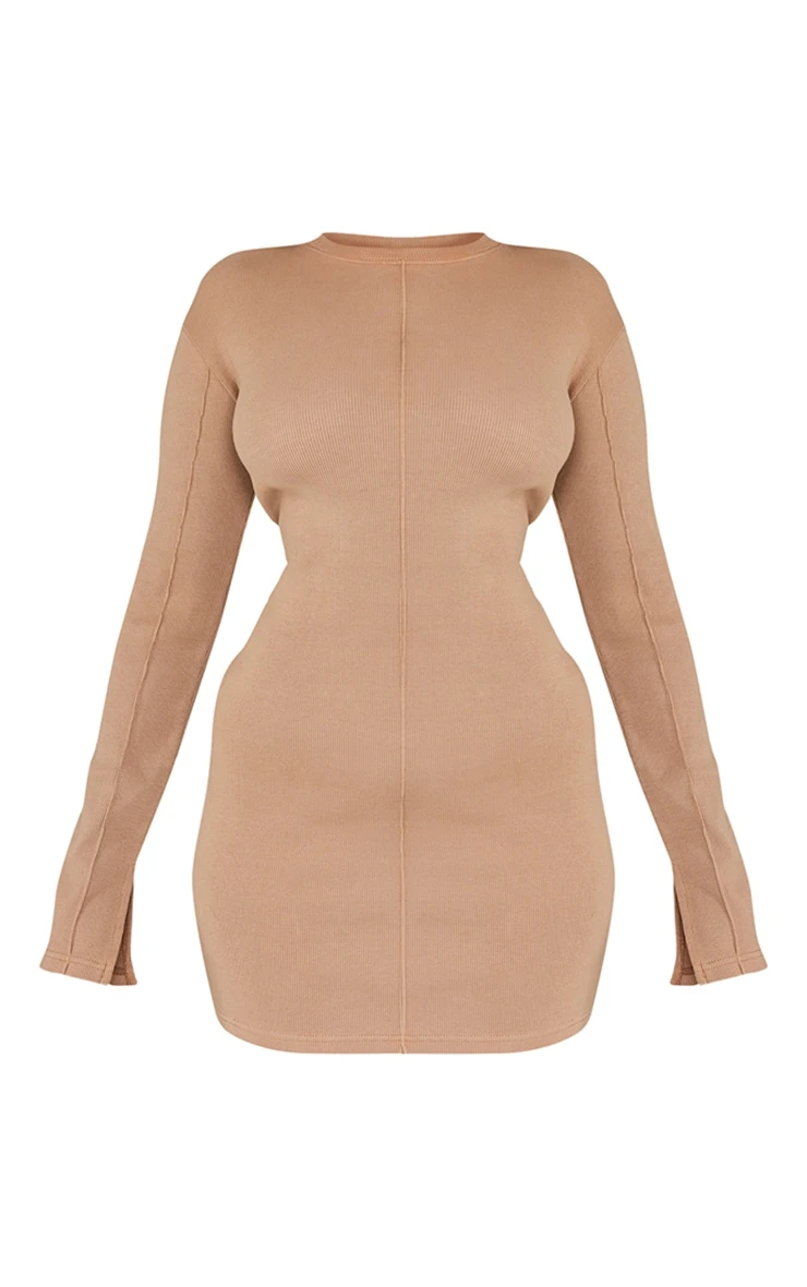 Prettylittlething Taupe Ribbed Exposed Seam Long Sleeve Bodycon Dress 5 Prettylittlething Taupe Ribbed Exposed Seam Long Sleeve Bodycon Dress - Image 5