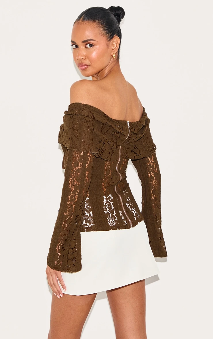 Prettylittlething Chocolate Fitted Lace Flared Sleeve Bardot Top 2 Prettylittlething Chocolate Fitted Lace Flared Sleeve Bardot Top - Image 2