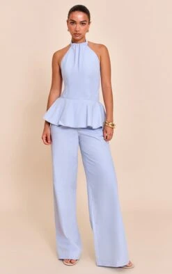 Prettylittlething Baby Blue Woven Peplum Hem Jumpsuit