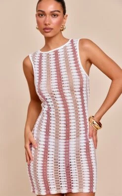 Prettylittlething Pink Textured Striped Boat Neck Shift Dress