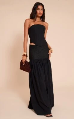 Prettylittlething Black Textured Drop Waist Lightweight Woven Maxi Skirt