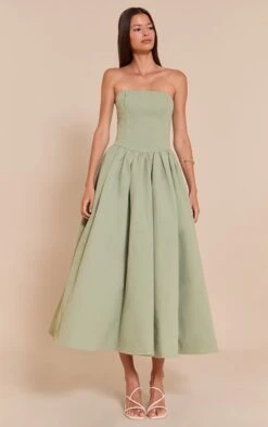 Prettylittlething Sage Woven Bandeau Ruched Skater Midaxi Dress