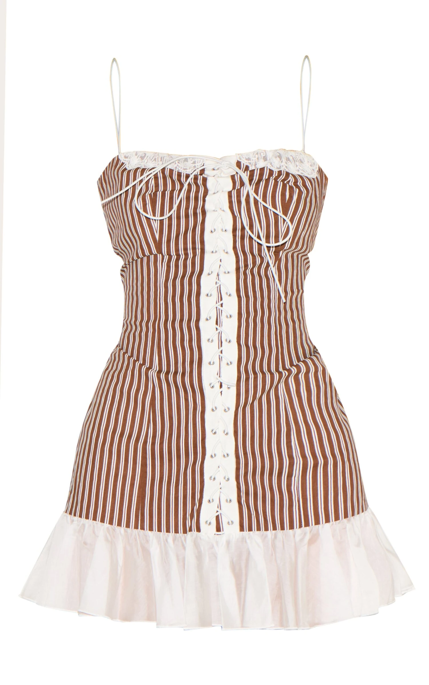 Prettylittlething Chocolate Striped Lace Up Frill Hem Bodycon Dress - Image 5