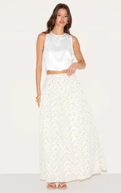 Prettylittlething White Ditsy Floral Print Volume Maxi Skirt