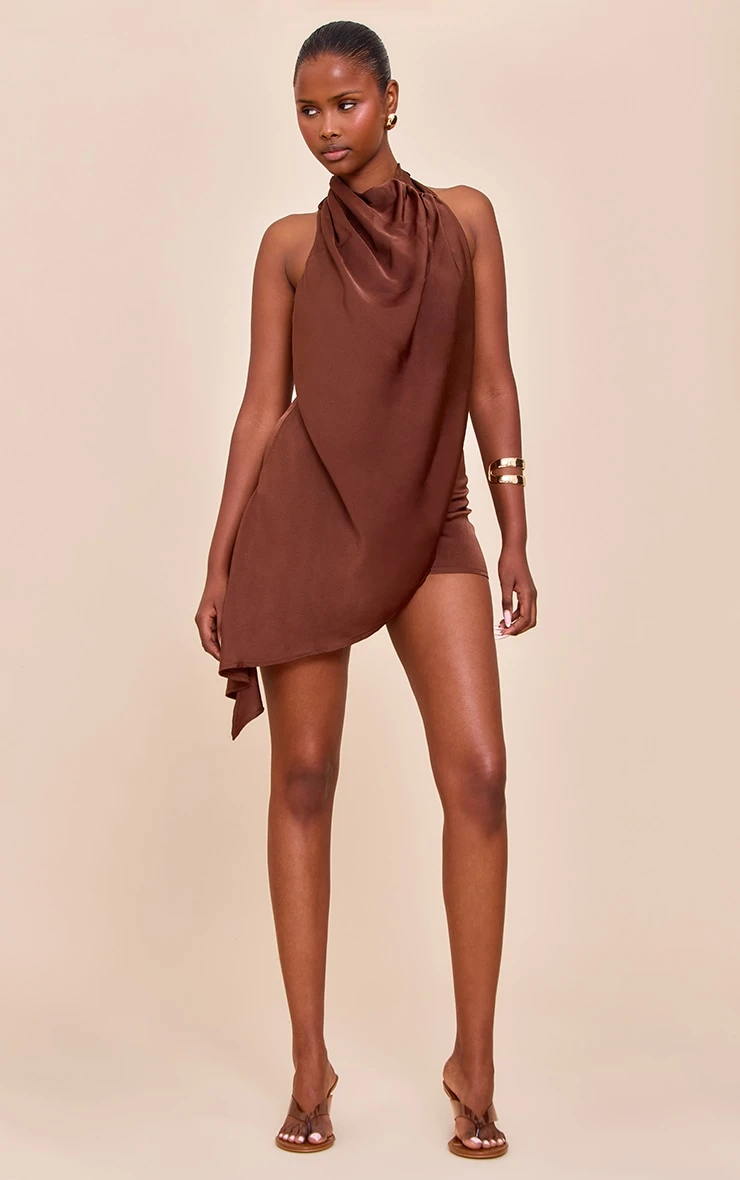 Prettylittlething Chocolate Satin Halterneck Romper 3 Prettylittlething Chocolate Satin Halterneck Romper - Image 3