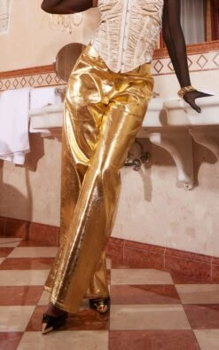 Prettylittlething Gold Metallic Faux Leather Straight Leg Tailored Pants