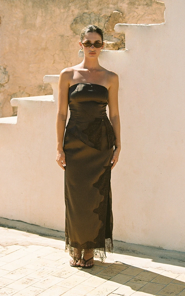 Prettylittlething Brown Satin Lace Detail Midi Skirt 1 Prettylittlething Brown Satin Lace Detail Midi Skirt