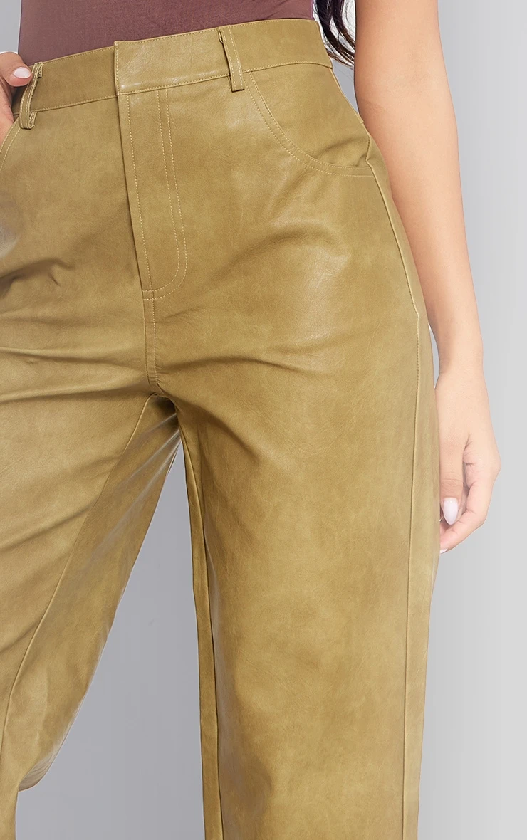 Prettylittlething Premium Olive Washed Faux Leather Straight Leg Pants 4 Prettylittlething Premium Olive Washed Faux Leather Straight Leg Pants - Image 4