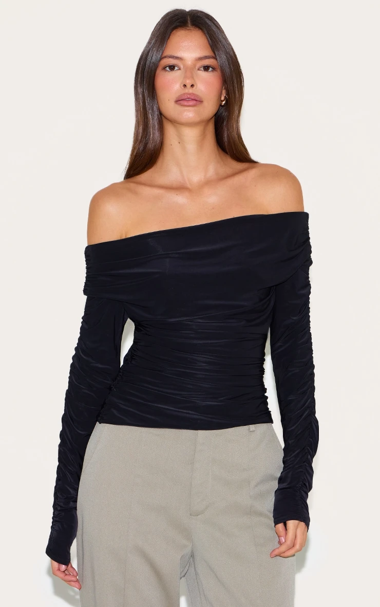 Prettylittlething Black Double Layer Slinky Ruched Detail Bardot Long Sleeve Top
