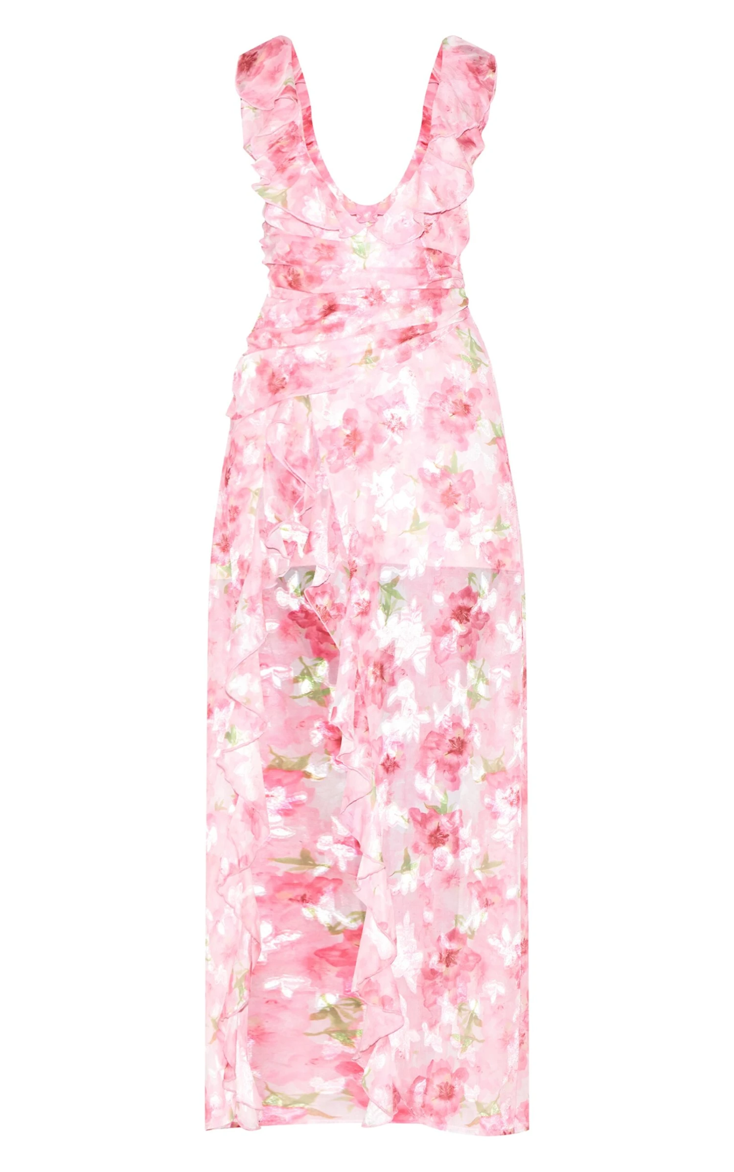 Prettylittlething Pink Floral Chiffon Frill Plunge Strappy Maxi Dress 5 Prettylittlething Pink Floral Chiffon Frill Plunge Strappy Maxi Dress - Image 5
