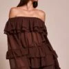 Prettylittlething Chocolate Chiffon Tiered Ruffle Bardot Top -Pretty Little Thing Shop b20799ad9a4c96176ae75c9b3bdea45b73c57d28 CNN6802 1 chocolate chiffon tiered ruffle bardot top