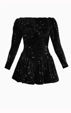 Prettylittlething Black Sequin Cup Detail Long Sleeve Skater Romper 9 Prettylittlething Black Sequin Cup Detail Long Sleeve Skater Romper -Pretty Little Thing Shop b20bdb37e6c6987fdb7c9263bd02edb471a60aad cnb8502 5