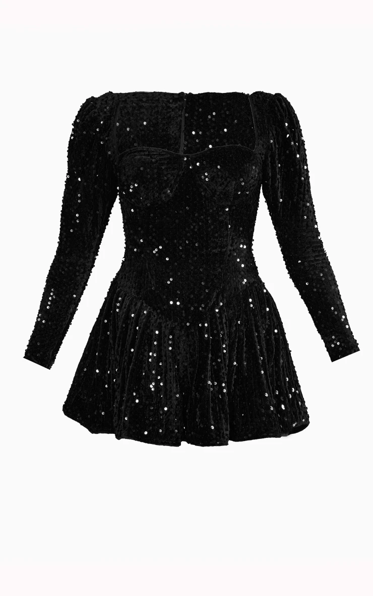 Prettylittlething Black Sequin Cup Detail Long Sleeve Skater Romper 5 Prettylittlething Black Sequin Cup Detail Long Sleeve Skater Romper - Image 5