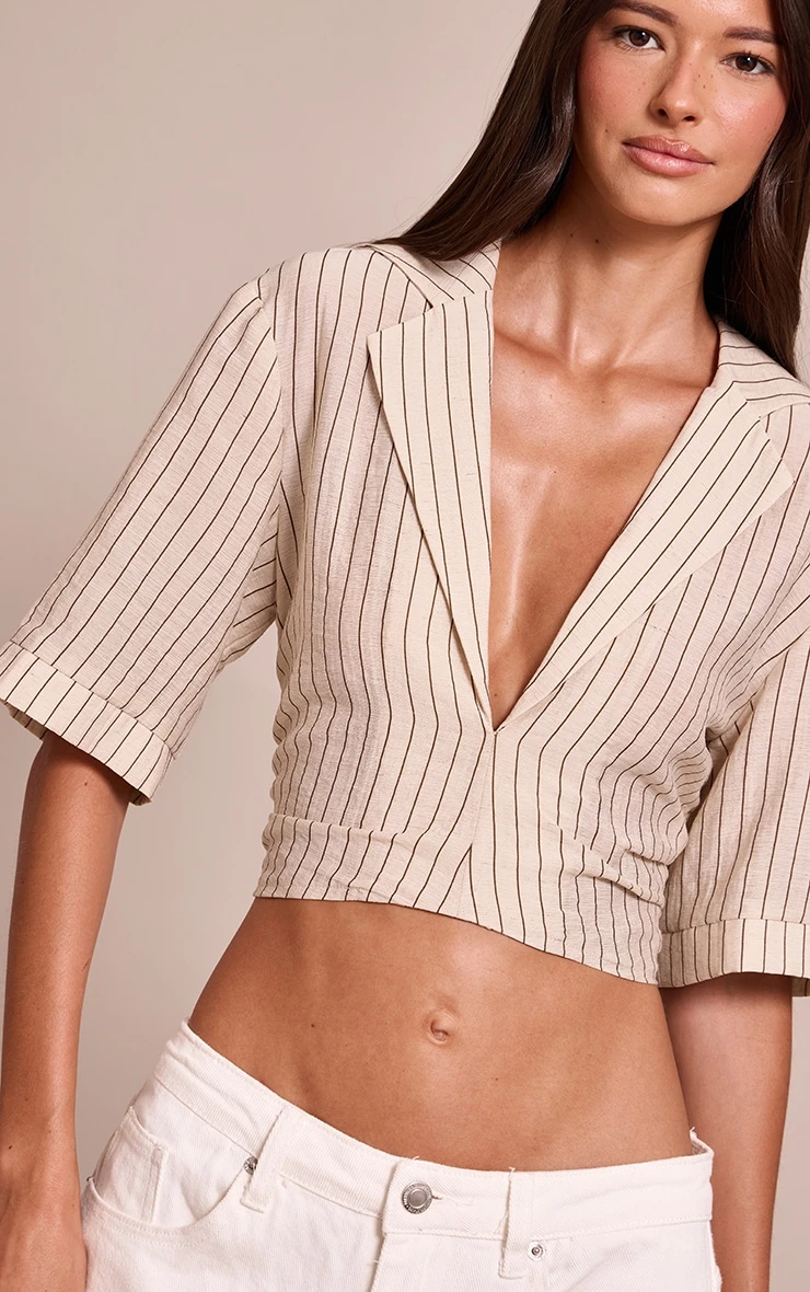 Stone Pinstripe Lightweight Woven Twist Cropped Shirt 4 Stone Pinstripe Lightweight Woven Twist Cropped Shirt - Image 4