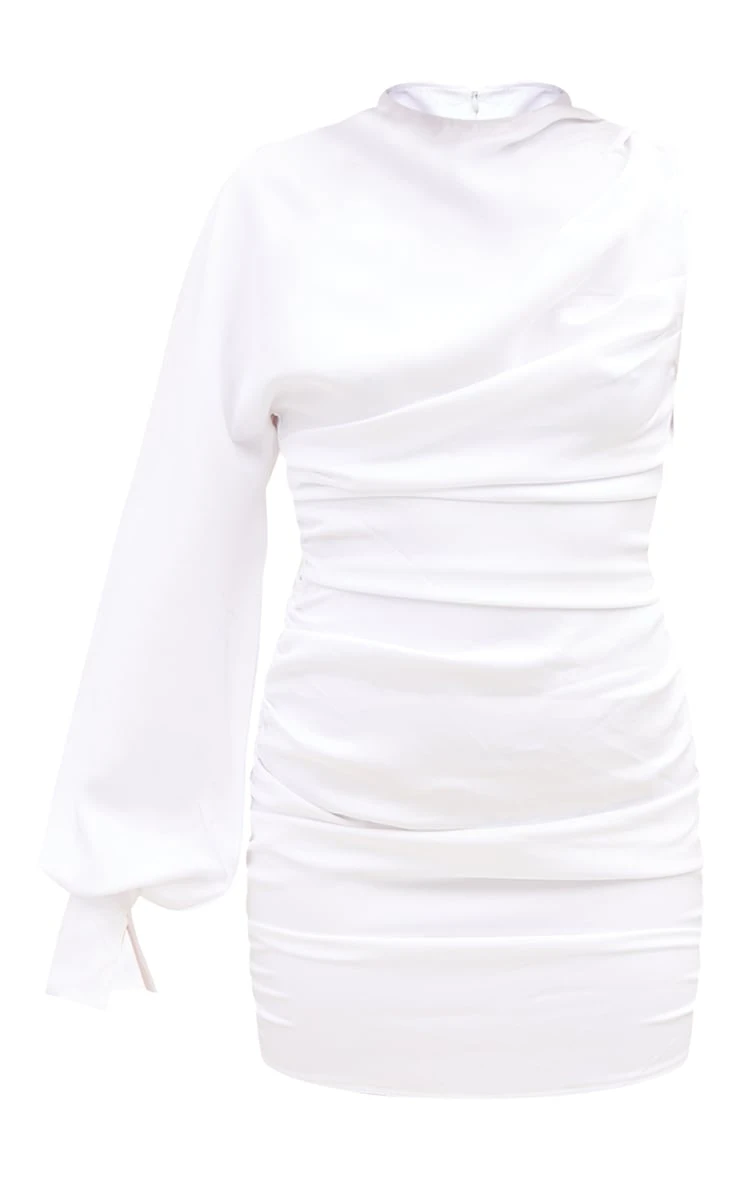 Prettylittlething White One Sleeve Ruched Woven Bodycon Dress 6 Prettylittlething White One Sleeve Ruched Woven Bodycon Dress - Image 6