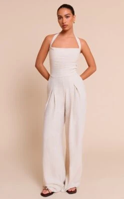Prettylittlething Natural Linen Look Bandeau Wide Leg Jumpsuit
