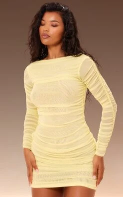Prettylittlething Premium Yellow Double Layer Mesh Ruched Long Sleeve Bodycon Dress