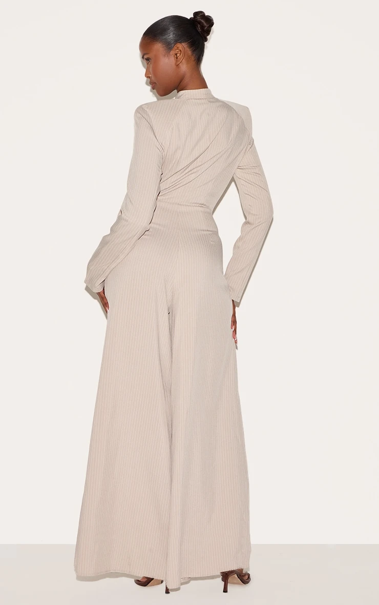 Prettylittlething Stone Pinstripe Shirt Detail Straight Leg Jumpsuit 2 Prettylittlething Stone Pinstripe Shirt Detail Straight Leg Jumpsuit - Image 2