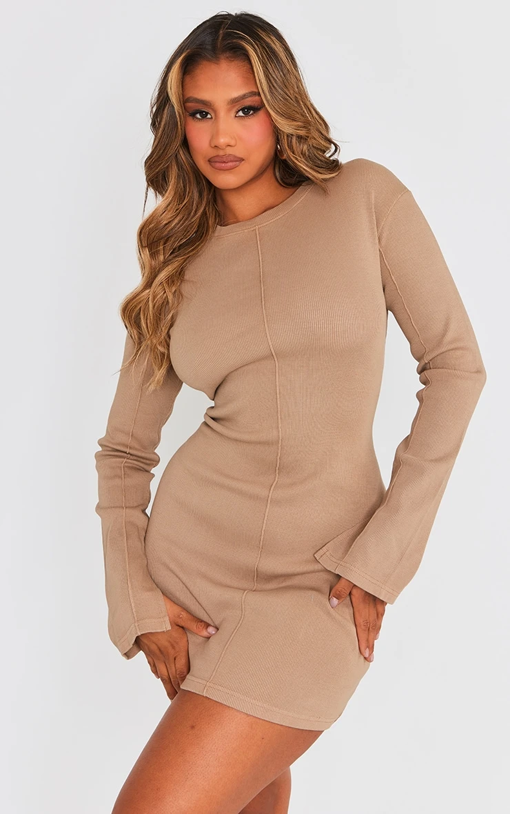 Prettylittlething Taupe Ribbed Exposed Seam Long Sleeve Bodycon Dress 1 Prettylittlething Taupe Ribbed Exposed Seam Long Sleeve Bodycon Dress